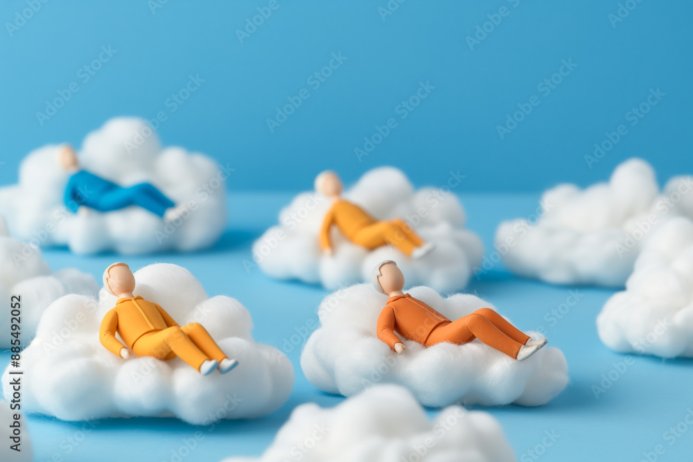 Aufkleber artists resting on cloud beds in imaginative settings background with empty space for text