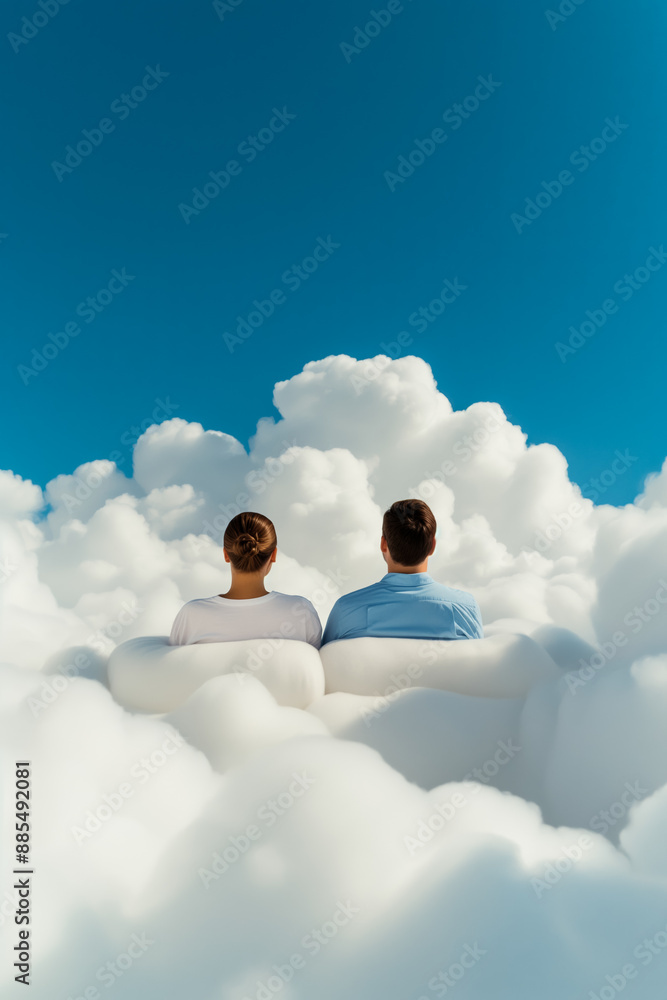 Aufkleber artists resting on cloud beds in imaginative settings background with empty space for text
