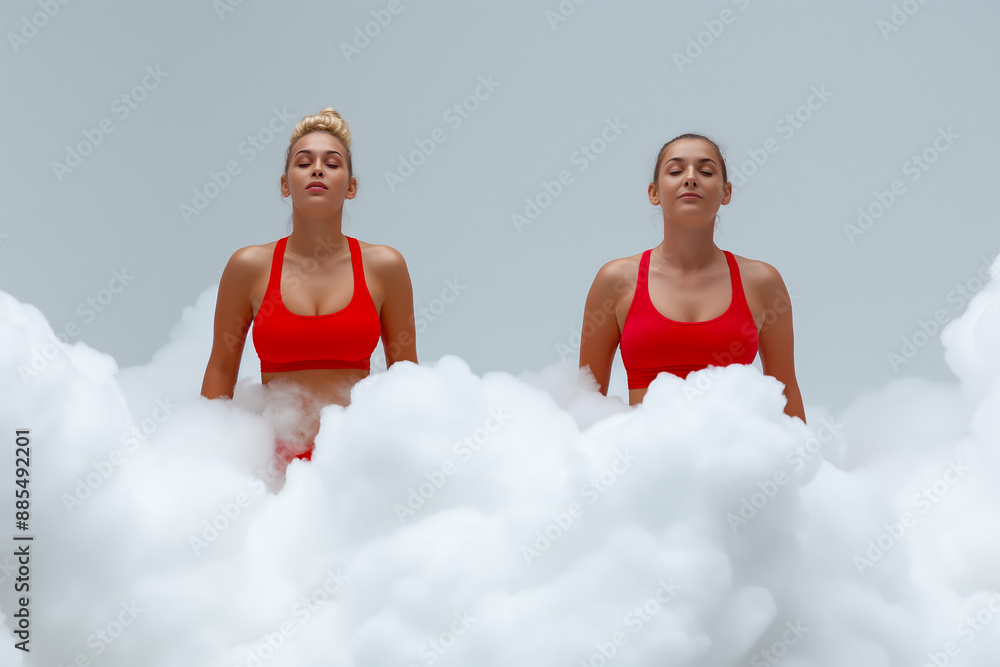 Aufkleber athletes recuperating on clouds after intense workout background with empty space for text
