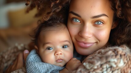 An intimate moment between a mother and her child. The soft focus background with gentle lighting adds to the serene atmosphere of this familial scene.
