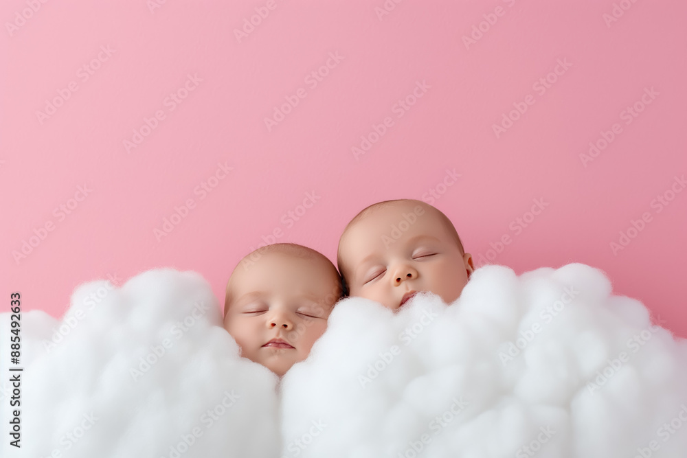 Poster babies napping on fluffy cloud beds in a magical aura background with empty space for text