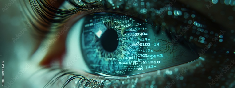 Poster an eye featuring binary code patterns, suitable for tech, data, or digital security themes.