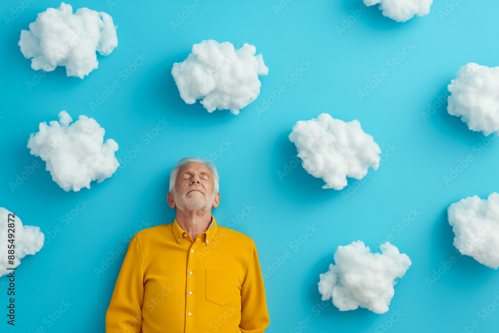 Aufkleber elderly individuals napping on fluffy clouds background with empty space for text