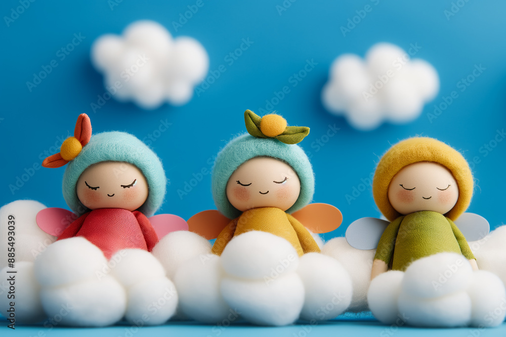 Poster fairies resting on cloud beds in enchanted skies background with empty space for text