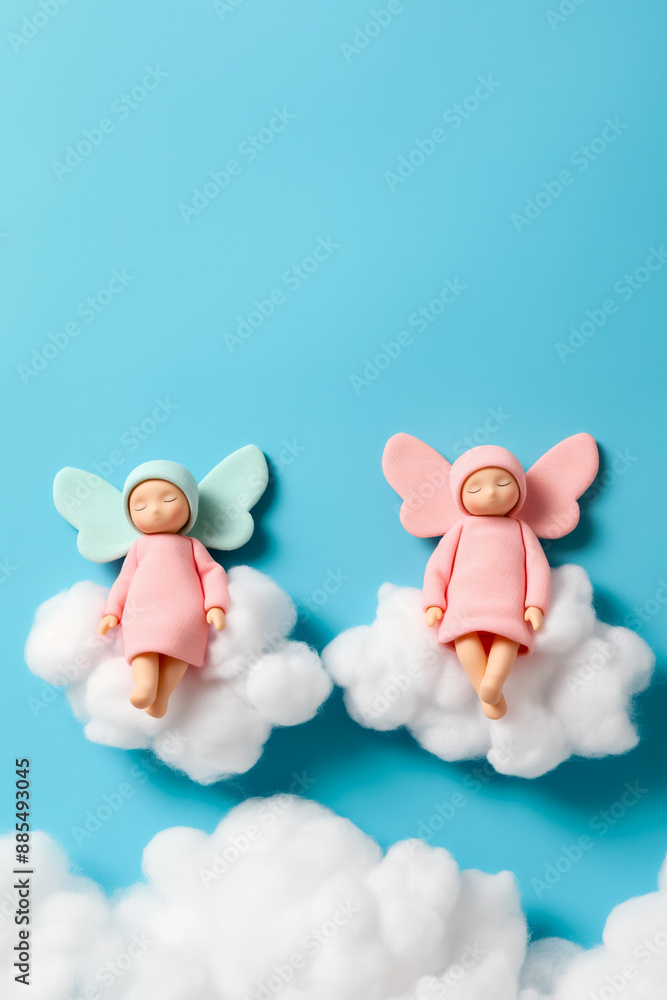 Poster fairies resting on cloud beds in enchanted skies background with empty space for text