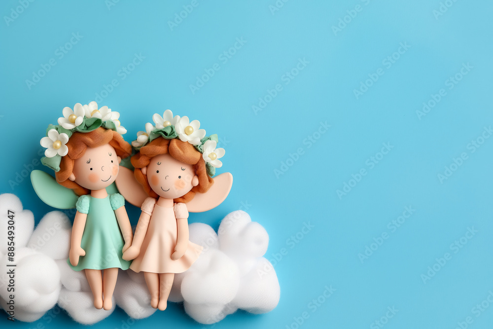 Poster fairies resting on cloud beds in enchanted skies background with empty space for text