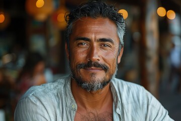 Fototapeta premium A middle-aged man with a beard and salt-and-pepper hair smiles contentedly in an outdoor setting, reflecting a relaxed and approachable demeanor in a casual environment.