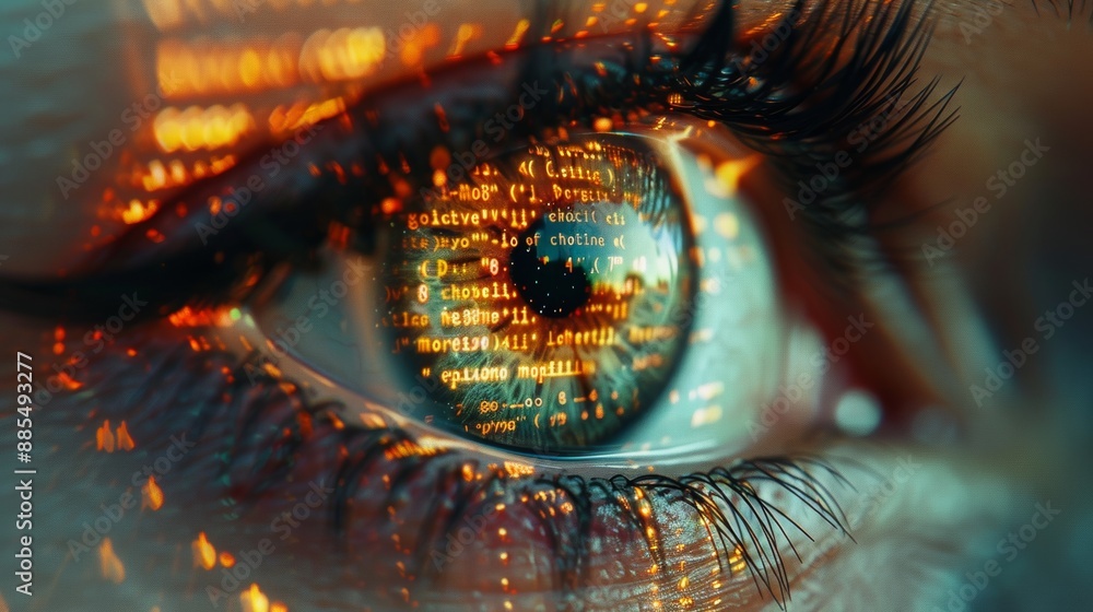 Poster an eye featuring binary code patterns, suitable for tech, data, or digital security themes.