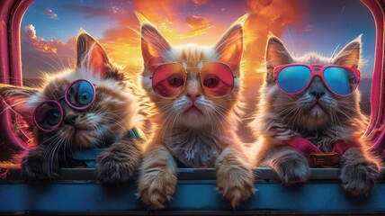 Creative cat group in colorful, mismatched costumes, bright background, detailed and humorous