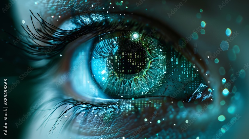 Aufkleber an eye featuring binary code patterns, suitable for tech, data, or digital security themes.