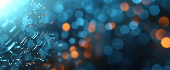 Abstract blue and orange hexagonal structure is forming on dark background