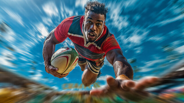 A rugby player in a red and black jersey leaps through the air, clutching a rugby ball with his left hand, as he dives towards the ground in slow motion during a match. - Powered by Adobe