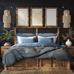  rustic wooden bed with blue pillows and bedside cabinets against black wall with posters frames 
