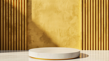 3D podium on a brushed brass background warm golden tones with fine linear texture 