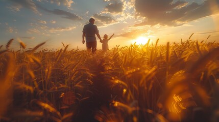 An affectionate moment between an adult and a young child as they enjoy the warmth of golden hour sunlight.