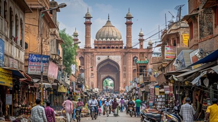 The busy streets of Old Delhi, with narrow lanes, bustling bazaars, street food vendors, and the historic Jama Masjid mosque rising above the cityscape