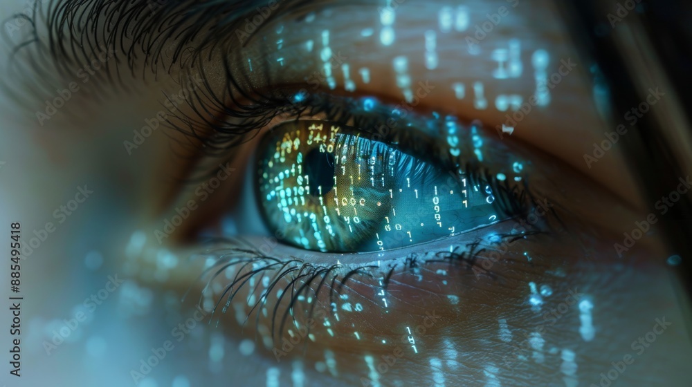 Poster an eye featuring binary code patterns, suitable for tech, data, or digital security themes.