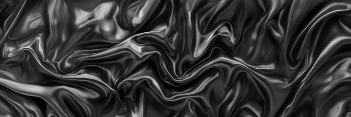 Fototapeta premium Fondo de tela satinada negra con ondas, textura de tela elegante para diseño de lujo o pancarta de moda con área de espacio para copiar. Fondo de seda negra con suaves pliegues y cortinas al estilo de