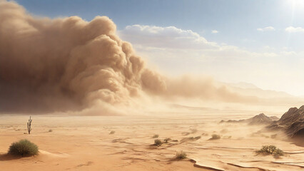 The sandstorm engulfs the landscape, creating a surreal and ever-changing scene.