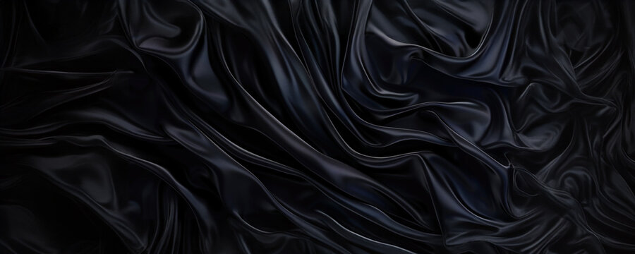 Fondo de tela satinada negra con ondas, textura de tela elegante para dise&ntilde;o de lujo o pancarta de moda con &aacute;rea de espacio para copiar. Fondo de seda negra con suaves pliegues y cortinas al estilo de