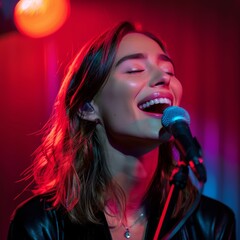 Young woman singing in microphone on color background, singing female portrait, karaoke