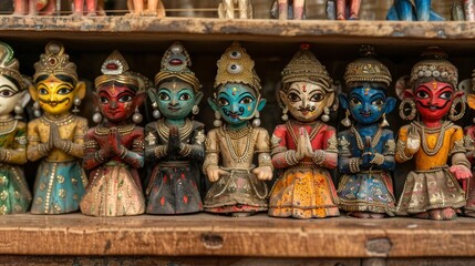 Fototapeta premium The intricate details of a traditional Indian puppet show, with colorful puppets, skilled puppeteers, and the cultural stories being told through this ancient art form