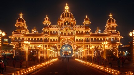 Fototapeta premium The grandeur of Mysore Palace illuminated at night, with its stunning architecture, thousands of lights, and the festive atmosphere during the annual Dussehra celebrations