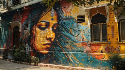 Naklejka premium The vibrant street art of India, with murals depicting cultural themes, local heroes, and contemporary issues, adding color and life to urban spaces