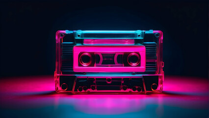 Colorful retro cassette tape with neon lights