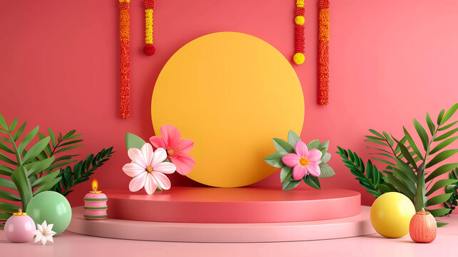 3D podium on a gradient background with Diwali celebration theme featuring fireworks traditional sweets and floral garlands red to gold gradient 