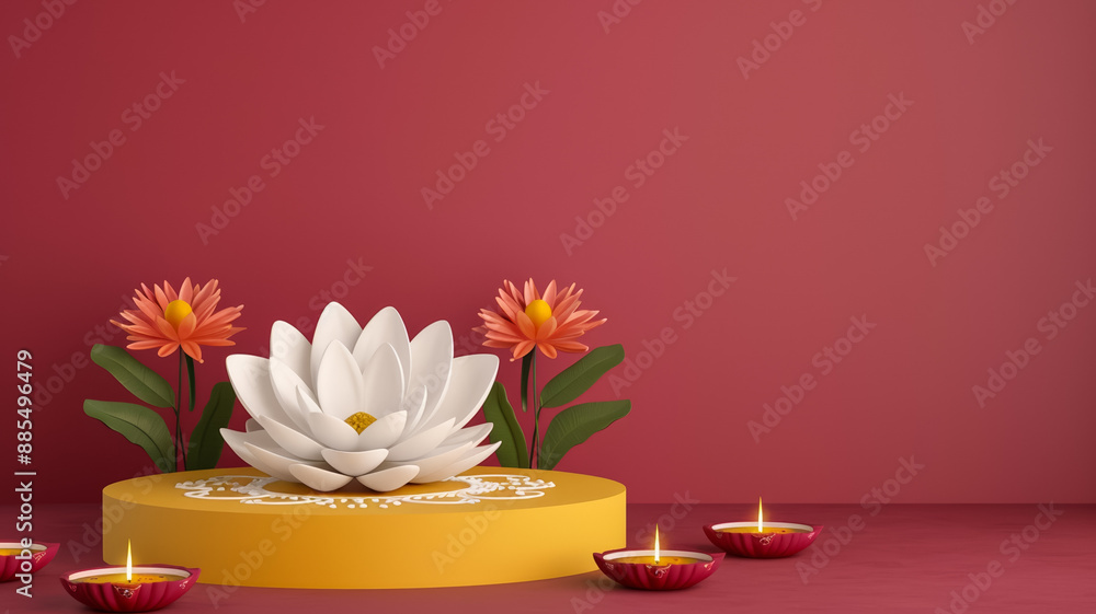 Poster 3d podium on a gradient background with diwali theme decorated with diyas rangoli patterns and marig