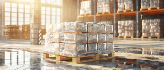 Palets stacked with boxes in a spacious, sunlit warehouse, depicting logistics and organization in a commercial setting.