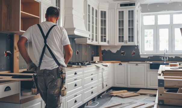 Professional Workers or Carpenters Installing a New Modern Kitchen. Skilled Technicians and Renovation Laborers, Depicting Hard Work, Labor Day, and Overtime. AI-Generated, 4K High-Resolution Wallpape