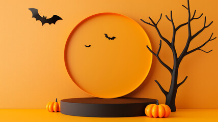 3D podium on a gradient background with Halloween theme decorated with pumpkins bats and a spooky tree orange to black gradient 