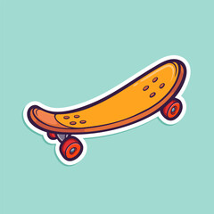 A sticker on the theme of street culture in the style of retro comics. Vector illustration of a skateboard, hand-drawn, isolated on a white background. Color doodle of a skate.