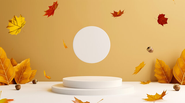 3D podium on a gradient background with autumn leaves theme surrounded by falling leaves acorns and a cozy atmosphere brown to gold gradient 
