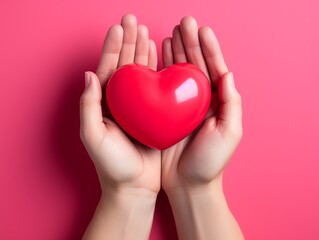 Obraz premium Two hands gently holding a red heart symbol on a pink background, symbolizing love, care, and compassion in a minimalistic style.