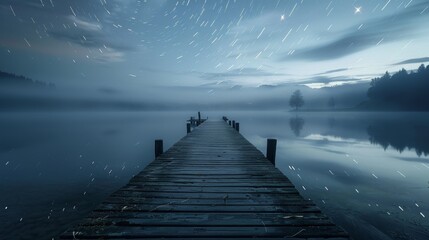 Fototapeta premium Enigmatic Night Star Trails Illuminate Weathered Pier Over Misty Lake