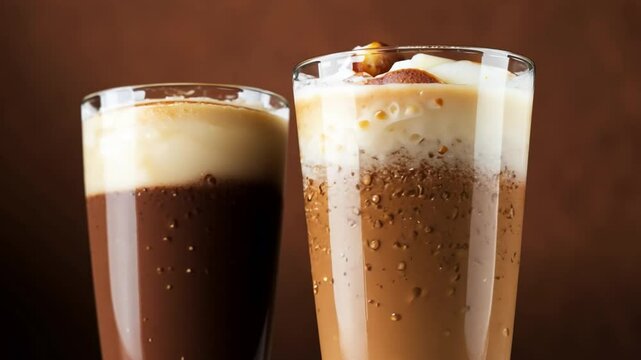 Large glasses of cold frappe coffee with ice and foam against a dark background