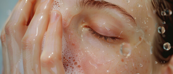 Fototapeta premium A woman gently washes her face with water, creating a serene and refreshing ambiance captured in a close-up.