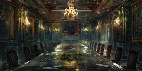 The Lawmaker's Chamber: A somber room, adorned with paintings of ancient rulers, a long table housing the leaders of the state.