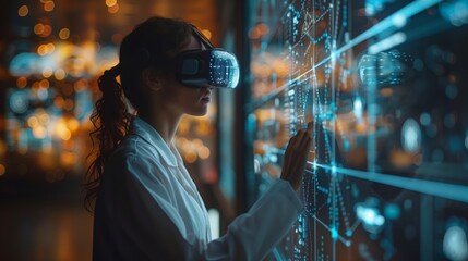 Woman in VR Headset Interacting With Digital Data on Med Board