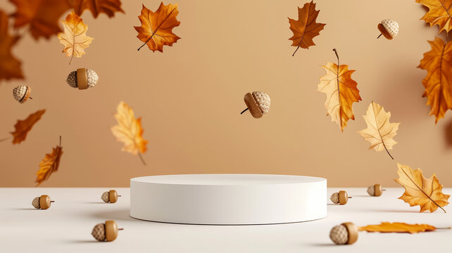 3D podium with autumn leaves theme surrounded by falling leaves acorns and a cozy atmosphere brown and gold colors 