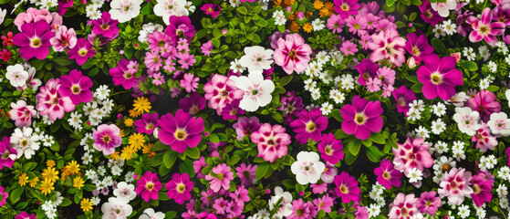 Fototapeta premium An overhead shot of vibrant pink, white, and yellow flowers in full bloom, forming a lush, colorful tapestry of nature's beauty.