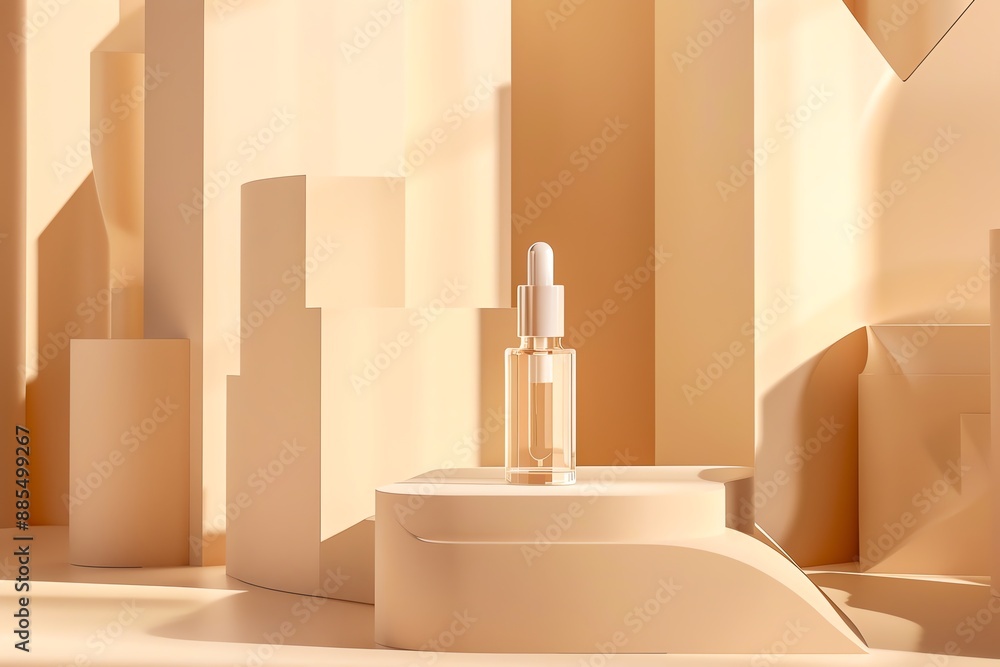 Poster elegant product display featuring a serum bottle on a minimalist background with soft lighting and s