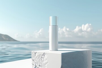 Obraz premium Minimalist skincare product bottle on a white pedestal by the ocean. Capturing serene and clean beauty with a coastal backdrop.