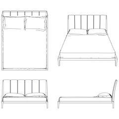 Vector Line Art of Bed. Interior Design and Bedroom Decoration Concepts with Front, Side, and Top Views
