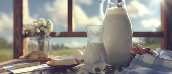 A beautifully set outdoor breakfast featuring a jug and glass of milk, cheese, bread, and flowers, all bathed in soft, natural sunlight.
