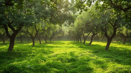Fototapeta premium The serene landscape of a traditional Indian orchard, with fruit-laden trees, lush green surroundings, and the peaceful ambiance of nature