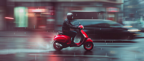 Obraz premium A rider on a red scooter speeds through rainy streets, creating a dynamic and energetic city scene.